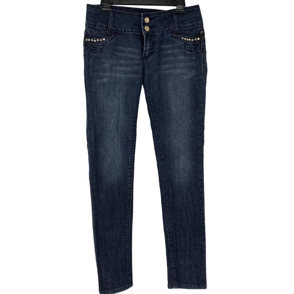 Womens Izzi Jeans Size 9 Bling Mid Rise Wide Belt Dark Wash Skinny Leg 2767 EUC